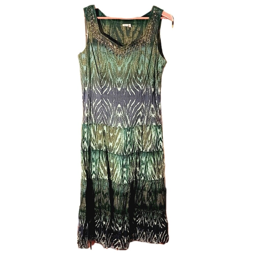 Reba Women's Green Boho Embellished Tiered Midi Dress Size 8 Tropical Print